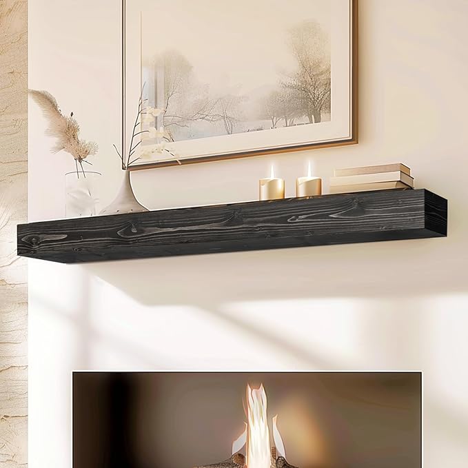60x8x5 Fireplace Mantel - Handcrafted Hollow Rustic Solid Wood Wall Mounted Floating Shelf with Invisible Heavy Duty Wood Bracket (Weathered Black)