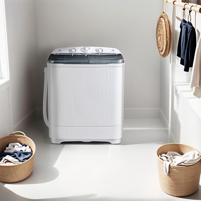 Portable Mini Twin Tub 22lbs Washing Machine With Drying Rack& 10 Hangers, 13lbs Washer & 9lbs Spinner, Small Laundry Washer with Time Control for Camping, Apartments, RV (22lbs)