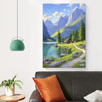 Landscape wall painting of mountain forest lakeside cabin under blue sky and white clouds natural oil painting poster suitable for living room bedroom office