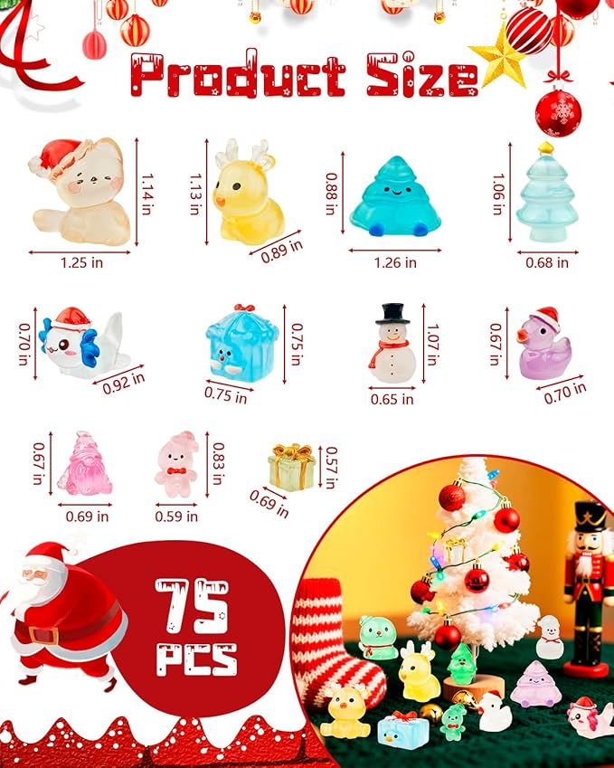 75 Pcs Miniature Christmas Figurines - Luminous Mini Resin Figures to Hide, Glow in The Dark Resin Animals for Micro Landscape Aquarium Fairy Garden Dollhouse Decor