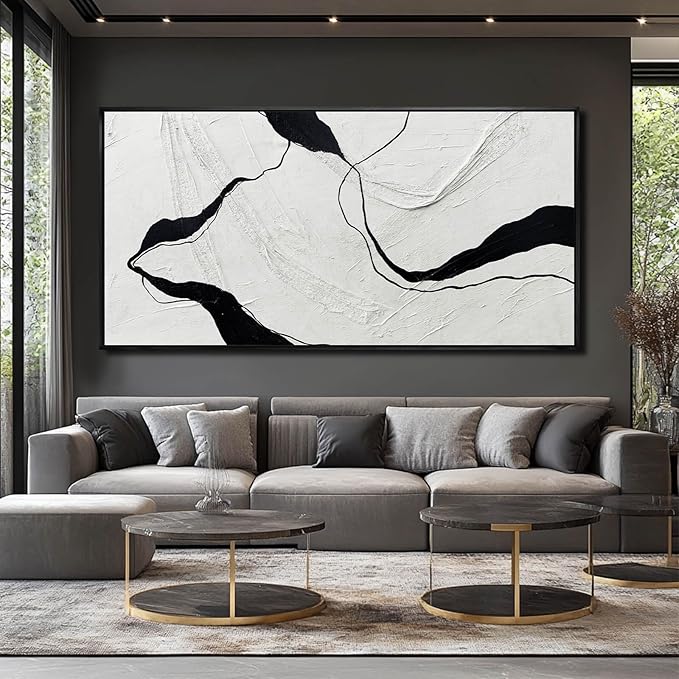Large Framed Abstract Wall Art 29"x58" Black and White Contemporary Line Canvas Neutral Wall Decor for Modern Living Room Office Bedroom