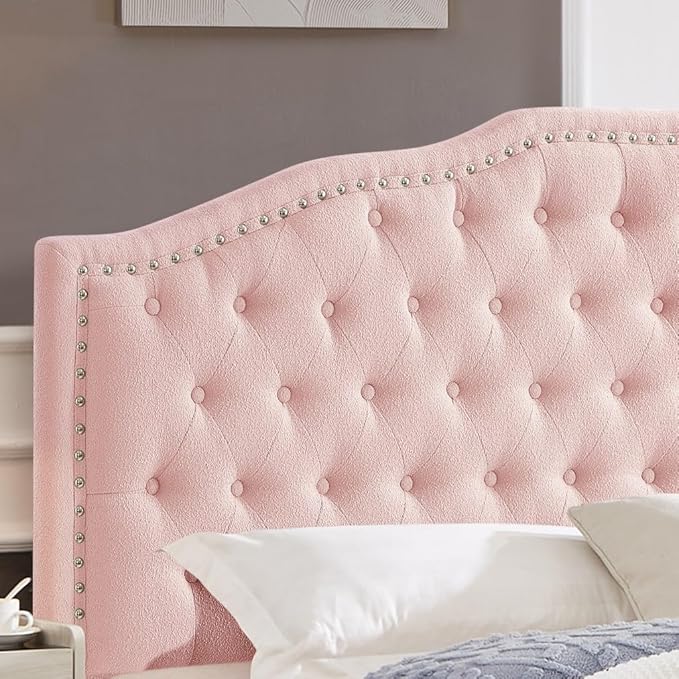 24KF Upholstered Button Tufted King Size Headboard with Nailhead Trim, Elegant Boucle Fabric California King headboard, 6031-K-Boucle-Pink