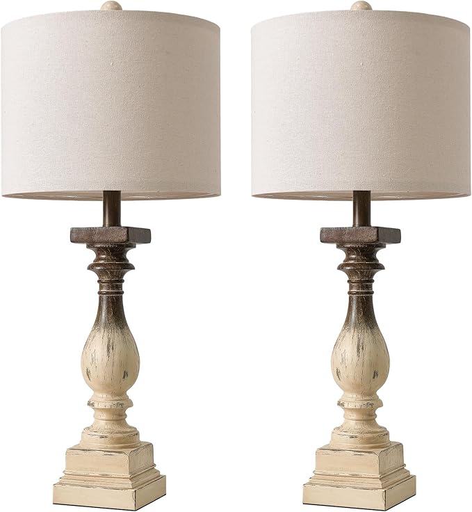 BOBOMOMO 27" Farmhouse Table Lamps with USB-A +C Ports, Vintage Rustic Side Table Lamps Set of 2, Linen Shade, Retro Bedside Night Stand Lamps for Living Room, Bedroom, Office, Home Decor
