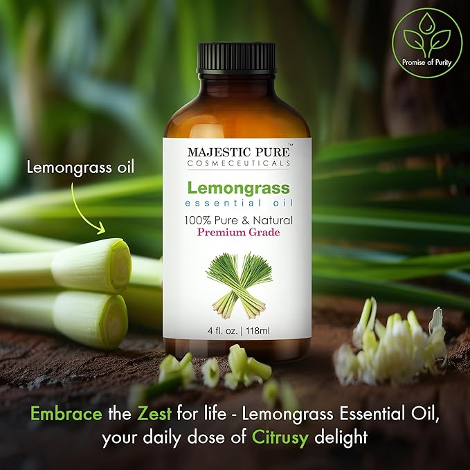 Majestic Pure Lemongrass Essential Oil with Glass Dropper - Huge 4 Fl Oz - 100% Pure and Natural Lemongrass Oil - Premium Grade Essential Oils for Diffuser, Aromatherapy, Soap and Candle Making