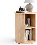 LINSY HOME Round Fluted End Table, Tall Side Table with Sliding Tambour Door and Storage Shelf, Modern Bedside Table, Mid-Century Nightstand for Living Room, Bedroom, Oak