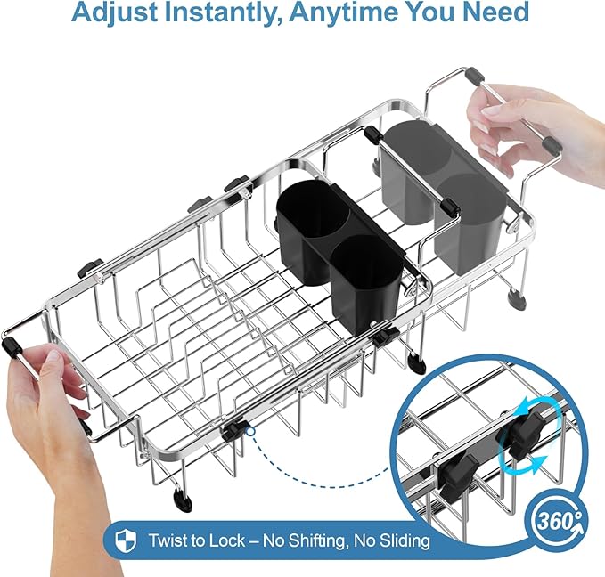 GSlife Expandable in Sink Small Dish Drying Rack - Stainless Steel Capacity Adjustable Over The Sink Dish Rack with Utensil Holder, 11.9“-16.7” L x 9" W x 5.7" H, Silver