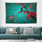 Houselerax Japanese Koi Fish Tapestry, Cherry Blossoms Asian Oriental Green Teal Floral Branch Koi Fish Carp Tapestries Wall Hanging for Bedroom Living Room Office Decor 60"x40"
