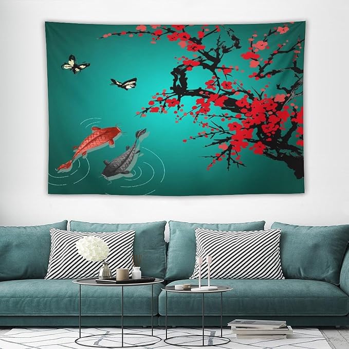 Houselerax Japanese Koi Fish Tapestry, Cherry Blossoms Asian Oriental Green Teal Floral Branch Koi Fish Carp Tapestries Wall Hanging for Bedroom Living Room Office Decor 60"x40"