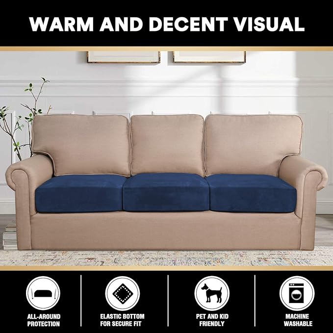 PrinceDeco Couch Cushion Covers, Stretch Washable Sofa Cushion Cover, Fitted Sofa Slipcover Velvet Fabric Non-Slip Furniture Protector for Dog,Pets, Kid (Each Width Up to 29.5", Navy)