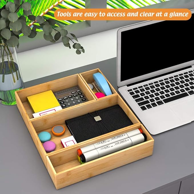 Bamboo Kitchen Drawer Organizer, Wooden Storage Box for Utensil Organizer Silverware Tray Cutlery Holder Flatware Containers - Multi-Use Deep Drawer Dividers Organizer for Bathroom, Jewelry, 12"6"2.5"