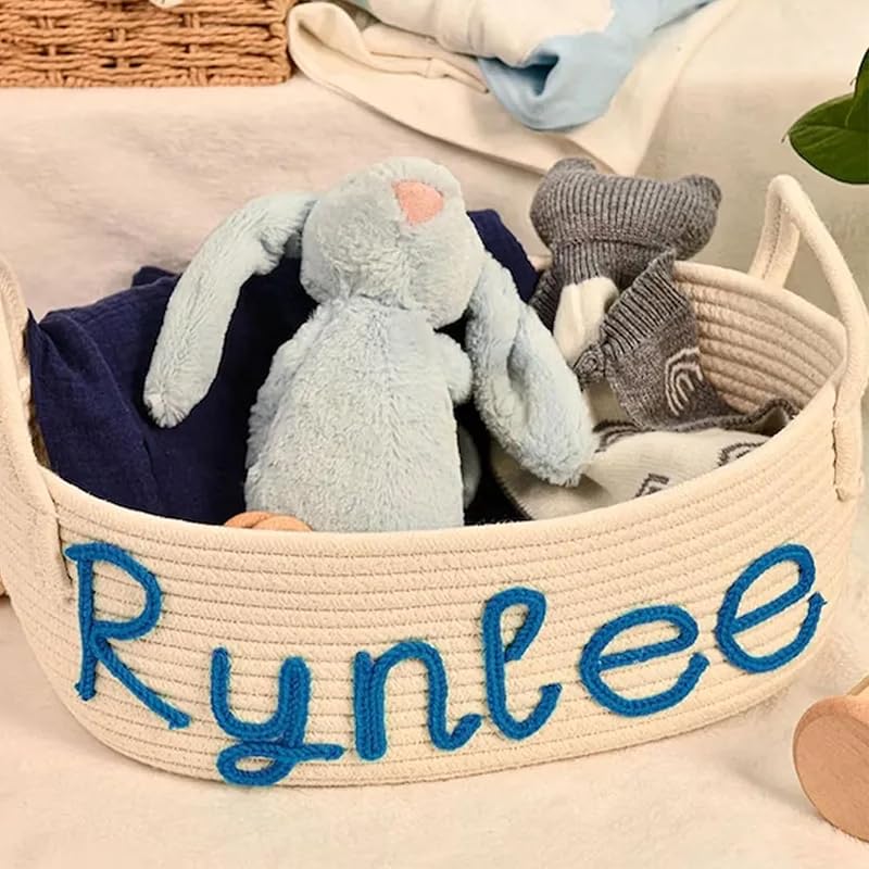 Personalized Baby Name Basket, Custom Woven Baby Shower Gift Basket with Cotton Rope Handle Baby Diaper Nursery Shelf Storage Basket Bin for Kids' Bedroom (Style 3)