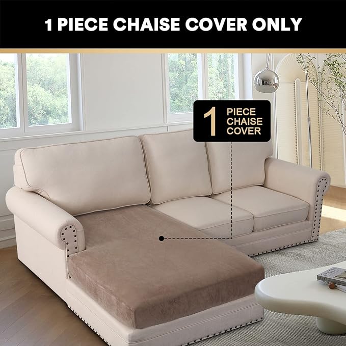 PrinceDeco Sectional Couch Covers Velvet Couch Cover for Dogs Washable L Shaped Couch Cover 1 Piece Individual Sectional Couch Covers with Elastic Bottom(Chaise Lounge,Taupe)
