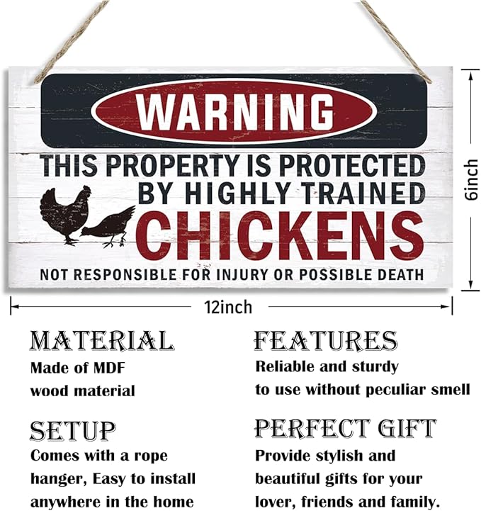 Funny Warning Signs, The Property is Protected By Highly Trained Chicken Sign, Decorative Wood Hanging Wood Plaque, Farmhouse Home Garden Yard Decor, Door Gate Hanger, Chicken Farm Decor
