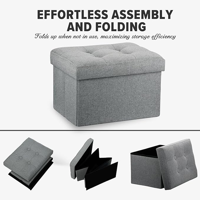 LINMAGCO Ottoman Storage Ottoman with Storage Small Foot Rest Stool Under Desk Stool Short Folding Footrest Linen Cloth Light Gray 16X12X12IN