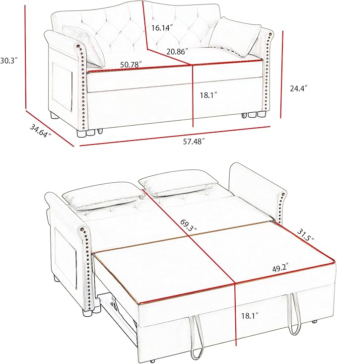 57" Velvet Pull-Out Sofa Bed, 3-in-1 Convertible Loveseat with Gold Trim Strips and Adjustable Backrest, Perfect for Living Rooms, Offices and Apartments (Pink)