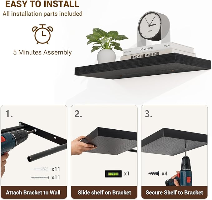 55 Inch Floating Shelves, 55"x9.25"x1.5" Inch Deep Floating Shelves for Wall, Wooden Shelves for Bathroom, Bedroom, Living Room, Black