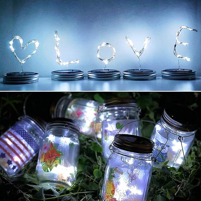 8 Pack Fairy Star Firefly Jar Lids Lights,Solar Fairy String Lids Lights（No Jars）,Waterproof Lantern Mason String Solar Lights with Hangers for Regular Mouth Jars Christmas Gifts(Cold White)