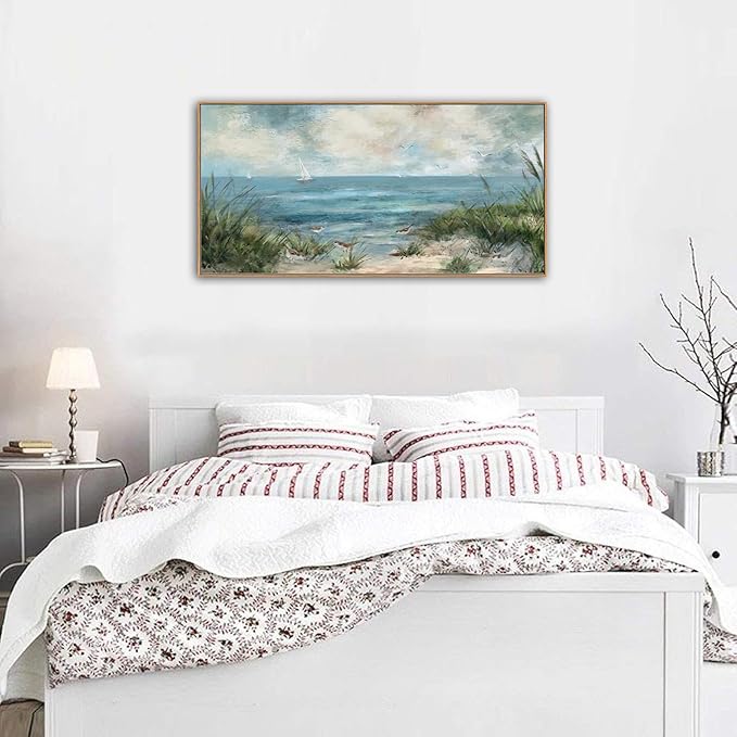 Sea Beach Framed Canvas Wall Art Vintage Seascape Canvas Prints Wall Decor Ocean Sailboat Seagull Canvas Pictures Beach Bird Reed Canvas Painting Artwork Living Room Bedroom Decoration 29" X 58"