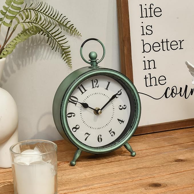 Vintage Small Rustic Green Table Clock on Stand - Decorative Desk and Shelf Clock, Battery Operated, Silent Non-Ticking Timepiece Perfect for Office, Living Room, and Bedroom Decor