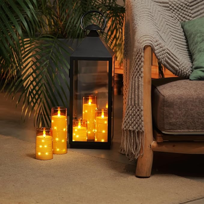 Homemory Acrylic Flameless Candles with Embedded Star String Fairy Lights, Battery Operated Candle, LED Candles, Fake Candles with Remote Control and Timer for Halloween, Amber, Set of 5(H4"5"6"8"8")