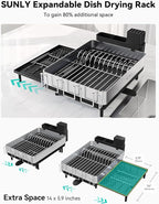 SUNLY Large Dish Drying Rack, Expandable Dish Racks for Kitchen Counter, Space Saving 304 Stainless Steel Drying Rack Kitchen, Extra Large Drainer with Multifunctional Flip Up Pegs, Black