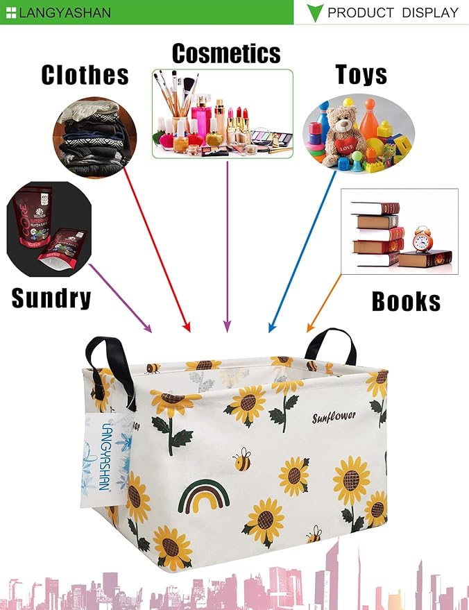 LANGYASHAN Rectangular Storage Bin Collapse Canvas Fabric Cartoon Storage Basket with Handles for Organizing Home Kitchen Boys and Girls Toys Office Closet Shelf Baskets(Rec Sunflower)