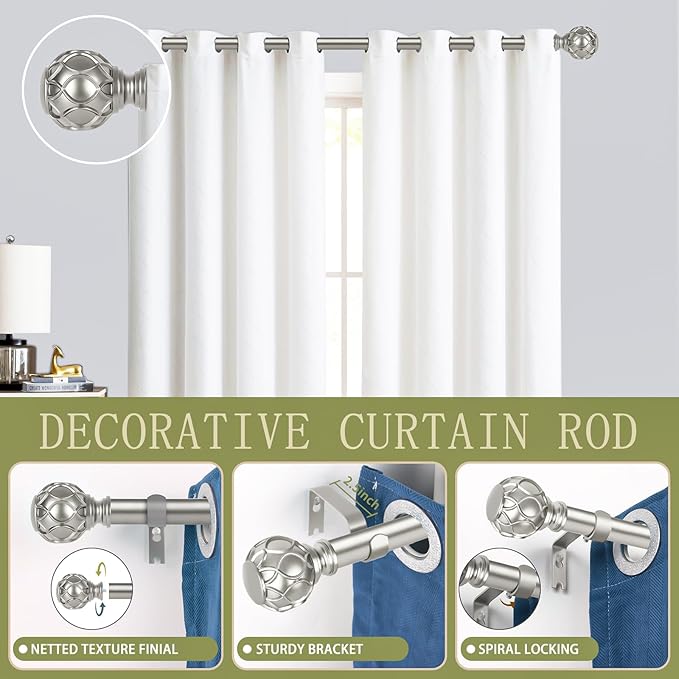 Silver Adjustable Curtain Rods for Windows:18-60 Inch Farmhouse Heavy Duty Curtain Rod for Bedroom Living Room,Boho Decorative Rustic Drapery Rods with Vintage Coastal Finial,Antique Silver