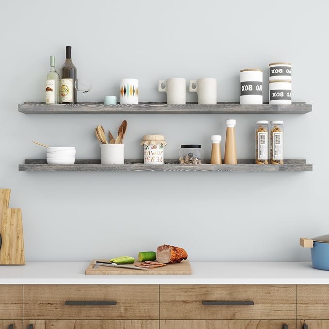 48 Inch Long Floating Shelves for Wall, Solid Pine Wood Picture Ledge Shelves with Lips, Nursery Book Shelves for Toys Storage Living Room Bedroom Photo Frames (2 Pcs, Grey)
