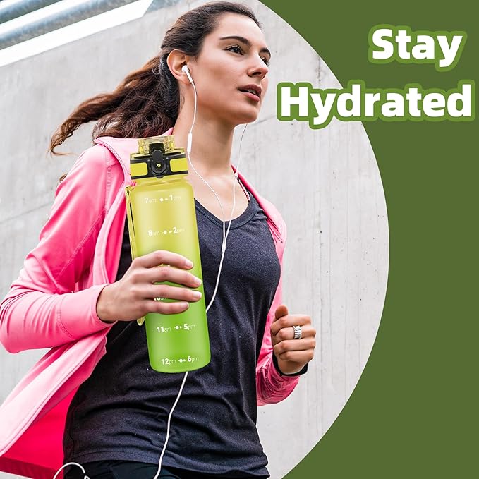 OLDLEY 32 oz Water Bottle, Motivational Water Bottle with Time Marker, Sports Water Bottle With Strap, Leakproof & BPA Free Large Water Bottles for School, Gym, Travel, Outdoor, Tritan,Yellow&Green