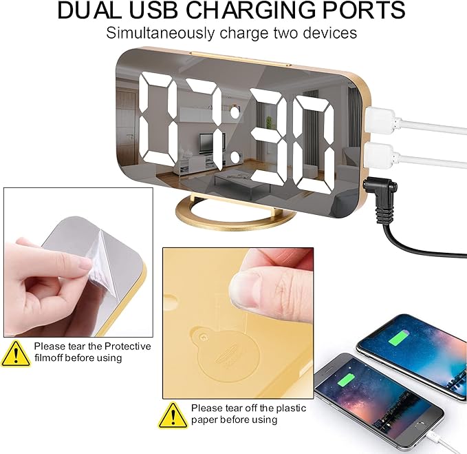 SZELAM Digital Alarm Clock,LED and Mirror Desk Clock Large Display,with Dual USB Charger Ports,3 Levels Brightness,12/24H,Modern Electronic Clock for Bedroom Home Living Room Office - Gold