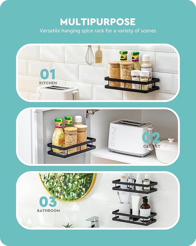 Metal Spice Rack Wall Mount Floating Shelves 2 Pack Black Storage organizer for Cabinet Door Pantry Kitchen Bathroom Supplies (9.8inches length)