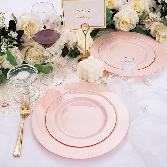 FLOWERCAT 60PCS Pink Plastic Plates - Heavy Duty Pink Plates Disposable for Party/Mother's Day/Wedding - serving 30 guests Include 30PCS 10.25inch & 30PCS 7.5inch