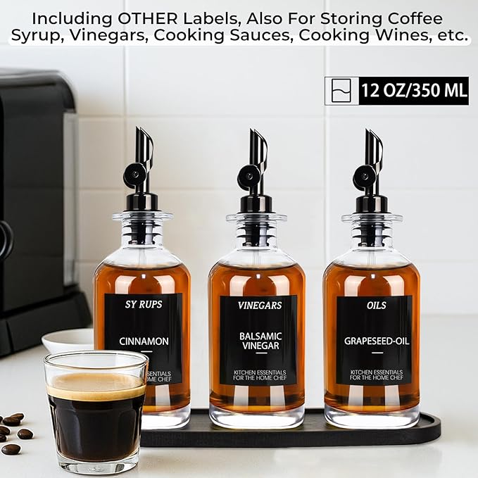 3PCS Olive Oil Dispenser Bottle For Kitchen, Soy Sauce Dispenser, Glass Oil and Vinegar Dispenser Set W. Wooden Tray & Labels & 3 Replacement Spouts, Coffee Syrup Dispenser