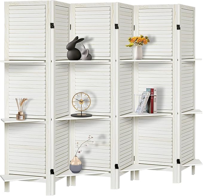 Room Divider with Shelves, Privacy Screen, Room Dividers and Folding Privacy Screens, 6 Panel Wood Temporary Wall Partition Separation Separator, White