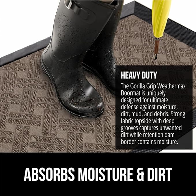 GORILLA GRIP 100% Waterproof All-Season WeatherMax Doormat, 47x35, US Designed Natural Rubber, Stain and Fade Resistant, Low Profile Indoor Outdoor Door Mats, Easy Clean Patio Mat, Taupe Basket Weave