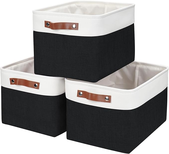 Storage Bins Large Fabric Storage Baskets for Shelves 3 Pack, Decorative Linen Closet Baskets with Handles for Organizing, Shelf, Clothes, Home, Office, 15x11x9.5Inches (Black&White)
