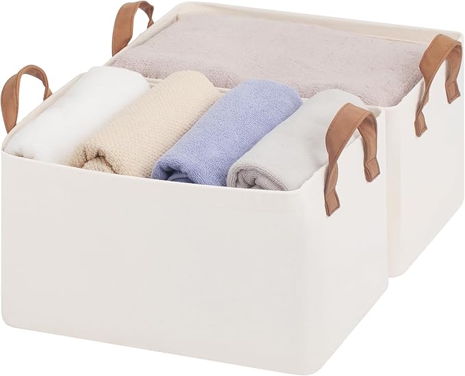 StorageWorks Storage Bins, Fabric Storage Bins for Shelves, Storage Baskets with Metal Frame, Closet Baskets and Bins with Handles, Natural Color, 2-Pack