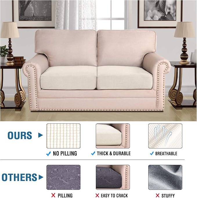 H.VERSAILTEX Super Stretch Individual Seat Sofa Covers Couch Slipcover Sets Thick Jacquard Textured Twill Fabric (2 Piece Medium Sofa Cushion Covers, Natural)