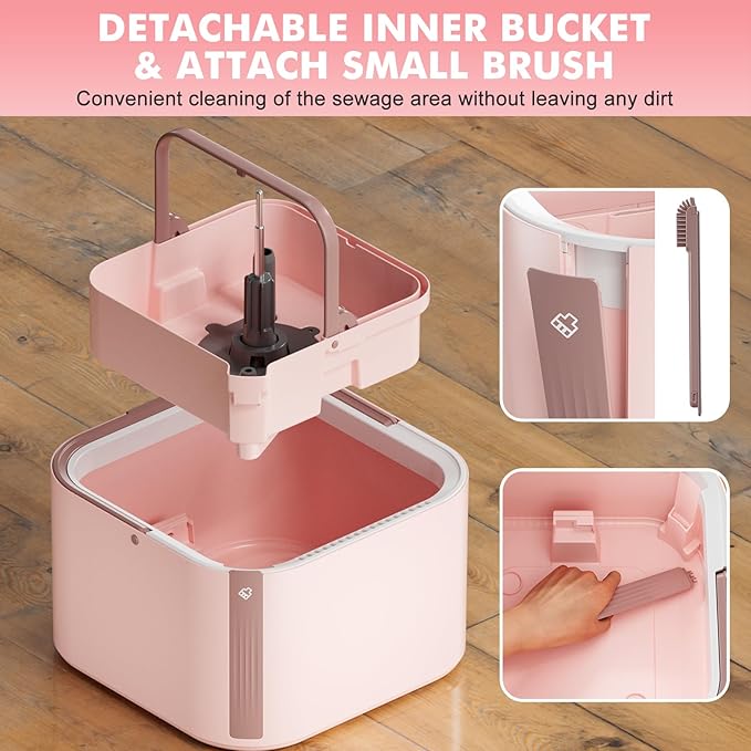 Upgraded Spin Mop and Bucket Set Self-Standing Mop Bucket Separate Dirty and Clean Water System Self Wringing 360° Rotating 90° Foldabl Mops and Buckets for Floor Cleaning (Pink, 2Pads)