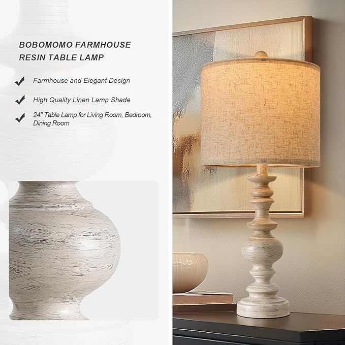 BOBOMOMO 24" Farmhouse Resin Table Lamp Set of 2, Vintage Lamps for Living Room Bedroom with Linen Shades, Traditional Rustic Bedside Lamps Retro Table Lamps for Living Room, Bedroom, Office