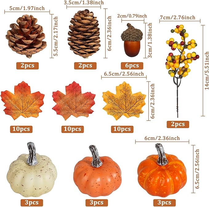 Artmag 51 PCS Artificial Pumpkins, Fall Harvest Decorations with Acorns, Pinecones, Berries, Maple Leaves for Farmhouse Fall Thansgiving Halloween Decor Decoration