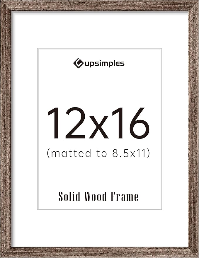 upsimples 12x16 Picture Frame, Natural Solid Wood Picture Frames, Display 8.5x11 with Mat or 12 x 16 Without, Vertical & Horizontal Wall Hanging, 1 Pack, Brown
