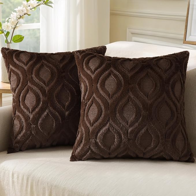 decorUhome Throw Pillow Covers 24x24 Inch Set of 2, Soft Plush Decorative Faux Fur Dark Brown Solid Couch Pillow Covers, Accent Farmhouse Neutral Square Euro Pillow Cases for Sofa Bed Living Room
