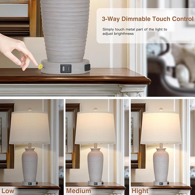 25“ Traditional Table Lamps Set of 2, Bedside Touch Lamp with USB C+A Charging Ports, Rustic Farmhouse Jar Table Lamps for Living Room Bedroom, Side Table Lamp with Beige Fabric Shade, Antique Grey