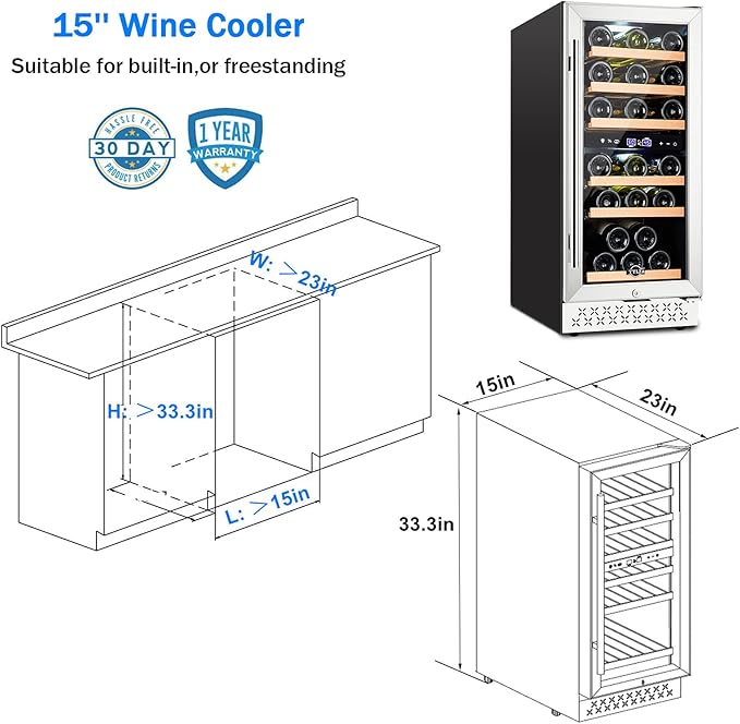 Tylza Mini Fridge 15 Inch Wine Cooler Under Counter, 33 Bottle Dual Zone Wine Fridge with Stainless Steel, Wine Refrigerator Freestanding, Built-in Wine Cellars