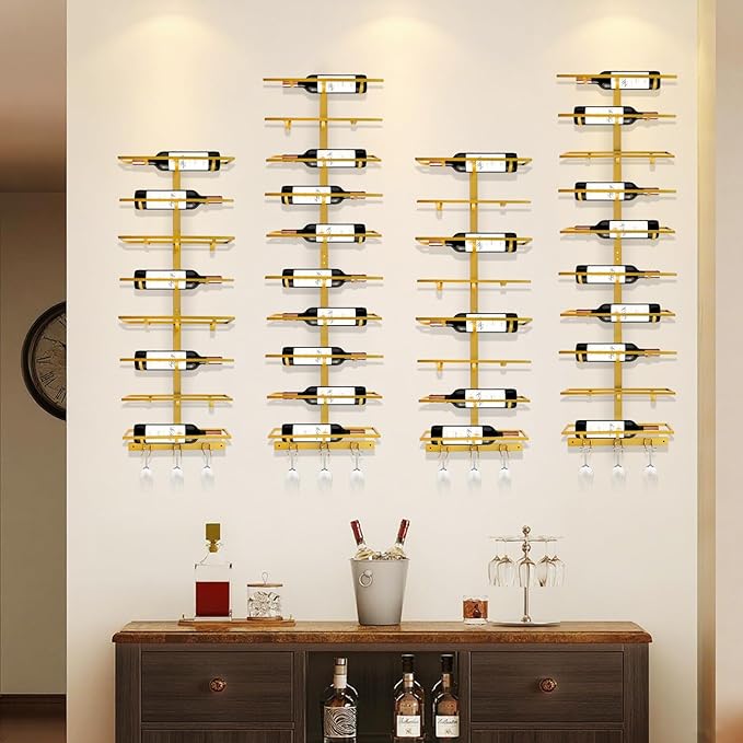10 Bottle Wall Mount Wine Rack with Wine Glass Holder, Metal Wine Wall Rack, Wall Racks for Wine Bottles Display and Storage, Hanging Bottle Organizer for Living Dining Room Wine Cellar Bar (Gold)