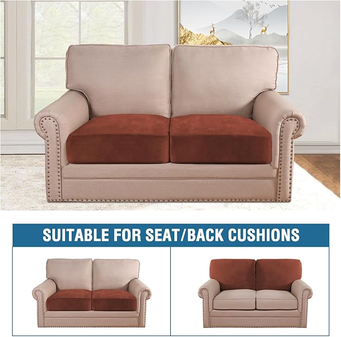 H.VERSAILTEX Velvet Stretch Couch Cushion Cover Plush Cushion Slipcover for Chair Loveseat Sofa Cushion Furniture Protector Seat Cushion Sofa Cover (2 Piece Medium Sofa Cushion Covers, Rust)