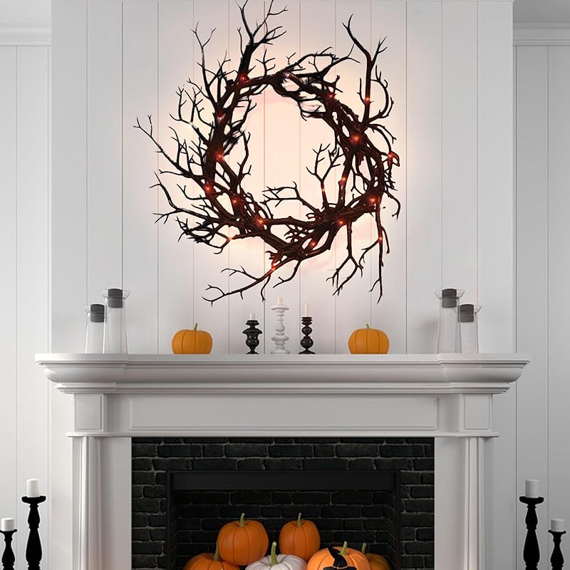 Halloween Black Branch Wreath Signs for Front Door with Red Lights,Handcrafted Halloween Horror Wreath for Indoor Outdoor Party Window Wall Decor Farmhouse Garland Yard