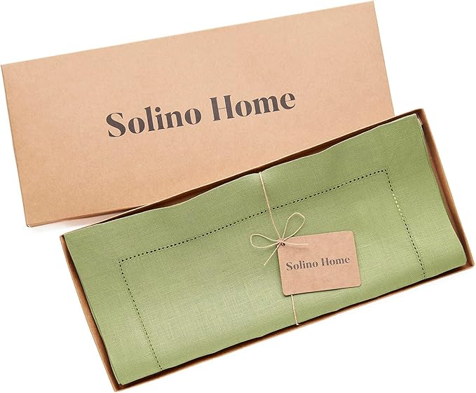 Solino Home Linen Moss Green Hemstitch Table Runner 60 Inches - 100% Pure Linen Small Table Runner 14 x 60 Inch Ideal for Dresser and Coffee Tables - Classic Hemstitch - Fall, Halloween, Thanksgiving