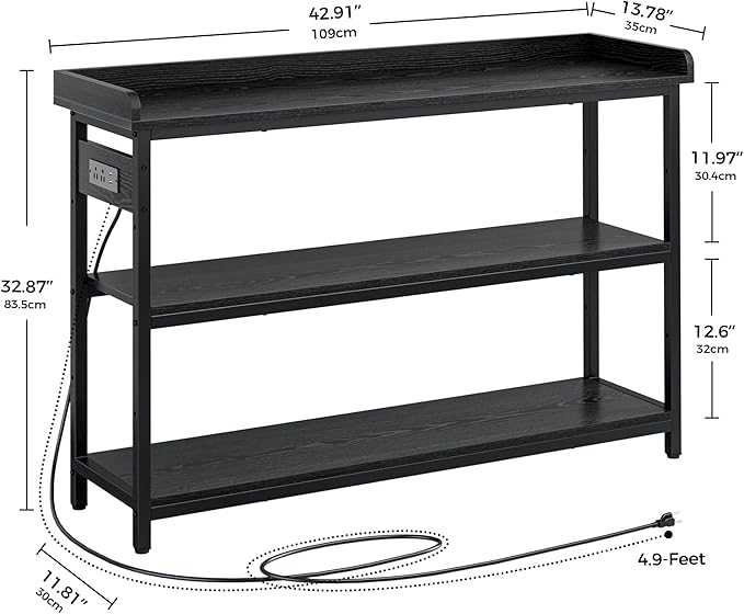 IRONCK Console Table, Sofa Table with Power Outlet, Farmhouse Hallway Table for Entryway, Living Room, Height Adjustable, Easy Assembly, Vintage Black, 43"